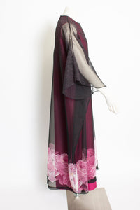 1960s Dress Floral Chiffon Polka Dot Caftan Gown S