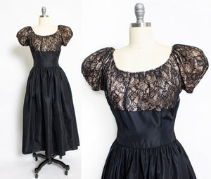 1940s Dress Black Lace Full Skirt Gown Small