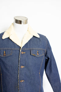 Vintage 80s Sherpa Jacket Roebucks Denim Fleece Jean Coat 1980s 42 R
