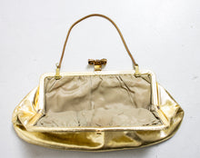 Load image into Gallery viewer, Vintage 1950s Purse Gold Metallic Fabric BOW Clasp Chain Cocktail Clutch Bag 60s