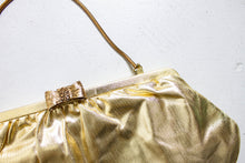 Load image into Gallery viewer, Vintage 1950s Purse Gold Metallic Fabric BOW Clasp Chain Cocktail Clutch Bag 60s