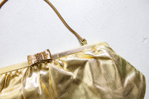 Vintage 1950s Purse Gold Metallic Fabric BOW Clasp Chain Cocktail Clutch Bag 60s
