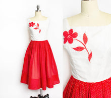 Load image into Gallery viewer, 1950s Dress Red White Swiss Polka Dot Full Skirt XS