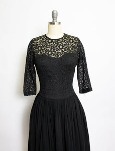 1950s Dress Black Illusion Chiffon Lace Cocktail Full Skirt S