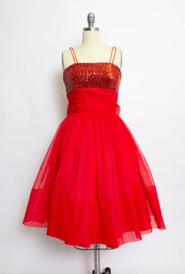 1950s Dress Red Chiffon Sequins Full Skirt S