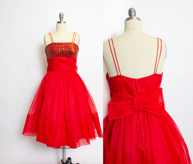 1950s Dress Red Chiffon Sequins Full Skirt S