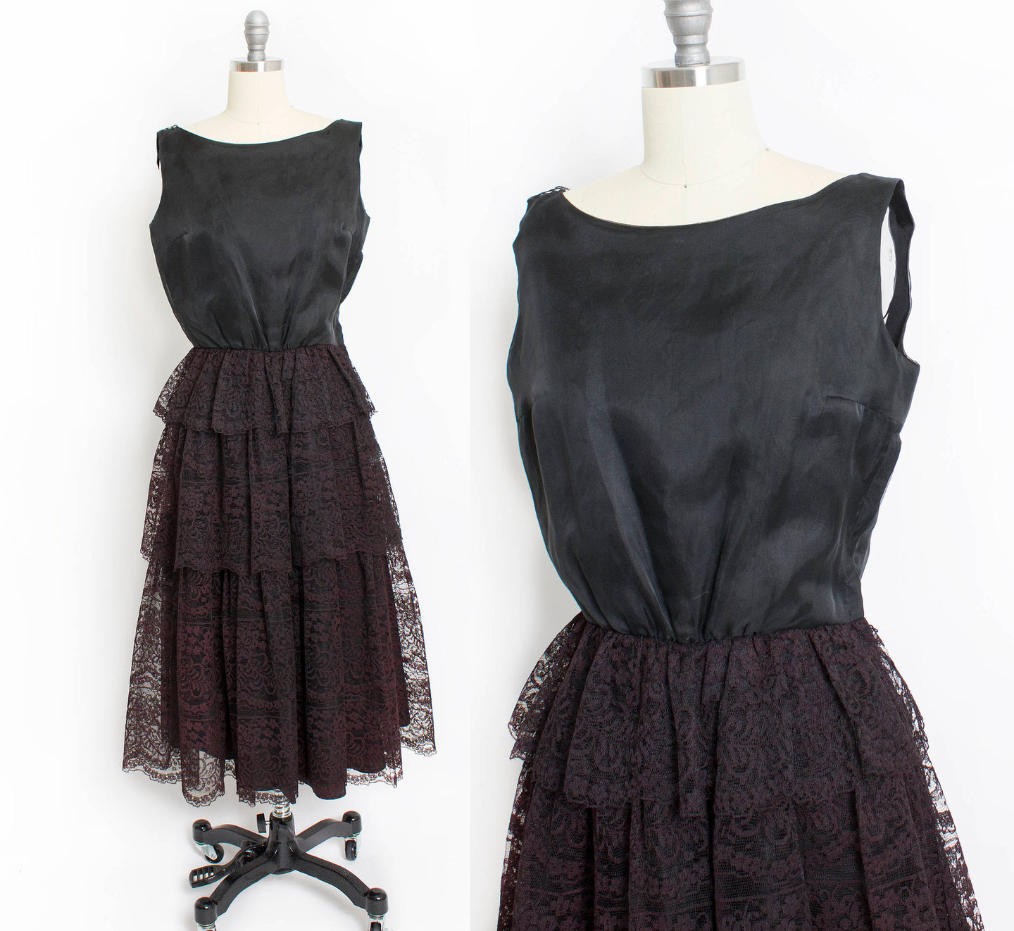1950s Dress Tiered Black Lace Organza Full Skirt Party Cocktail 60s Small s