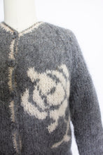 Load image into Gallery viewer, Vintage 1950s Sweater Italian Hand Knit Wool Mohair Gray Rose Cardigan Small