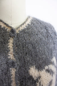Vintage 1950s Sweater Italian Hand Knit Wool Mohair Gray Rose Cardigan Small