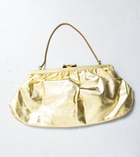 Load image into Gallery viewer, Vintage 1950s Purse Gold Metallic Fabric BOW Clasp Chain Cocktail Clutch Bag 60s