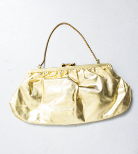Vintage 1950s Purse Gold Metallic Fabric BOW Clasp Chain Cocktail Clutch Bag 60s