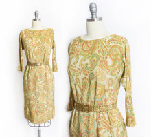 Load image into Gallery viewer, 1960s Dress Metallic Gold Lame Paisley Printed Wiggle Small