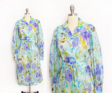 Load image into Gallery viewer, Vintage 1960s Dress Blue Floral Nylon Chiffon Shirtwaist 70s Small