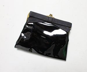 Vintage 1960s Purse Black Patent Vinyl BOW Cocktail Clutch Bag