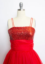 Load image into Gallery viewer, 1950s Dress Red Chiffon Sequins Full Skirt S