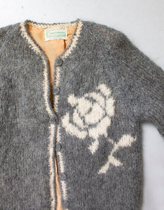 Vintage 1950s Sweater Italian Hand Knit Wool Mohair Gray Rose Cardigan Small
