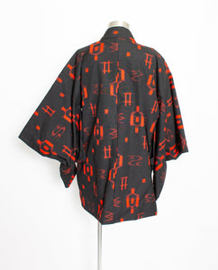1980s Haori Cotton Black Red Kimono Japanese Robe 70s