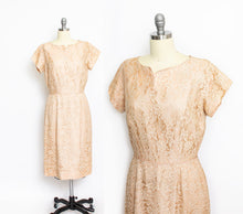 Load image into Gallery viewer, Vintage 1950s Dress Beige Champagne Lace 60s Large