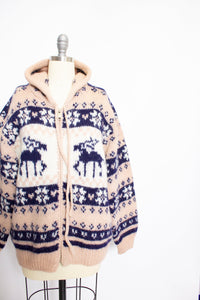 1970s Sweater HOODED Wool Snowflake Deer Knit Small
