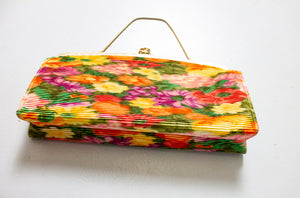 1960s Purse Floral Fabric Gold Flower Clasp Cocktail Evening Bag 60s