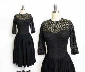 1950s Dress Black Illusion Chiffon Lace Cocktail Full Skirt S