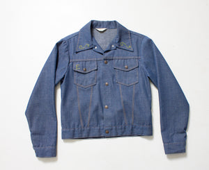 Vintage 1970s Denim Jacket Embroidered Eagle Blue Lightweight 70s Medium