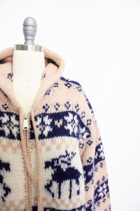 1970s Sweater HOODED Wool Snowflake Deer Knit Small