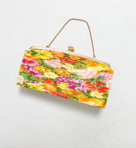 1960s Purse Floral Fabric Gold Flower Clasp Cocktail Evening Bag 60s