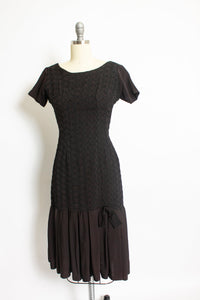 1950s Dress Black Rayon Crepe Embroidered S