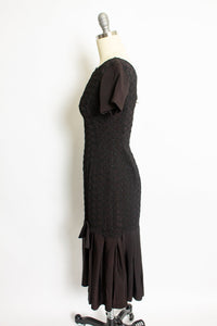 1950s Dress Black Rayon Crepe Embroidered S