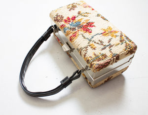 Vintage 1960s Box Purse Needlepoint Floral Carpet Hand Bag 60s