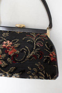 1960s Purse Dark Floral Tapestry Needlepoint Hand Bag