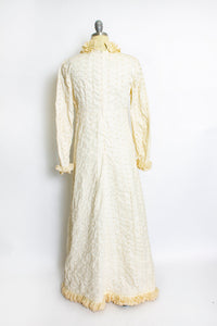 1970s Dress Beige Ruffle Full Length Eyelet Maxi Gown Small