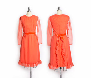 1960s Dress MISS ELLIETTE Neon Orange Chiffon Ruffle 60s Small