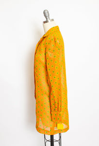 1970s Dress Semi Sheer Orange Floral Shirtfront Small
