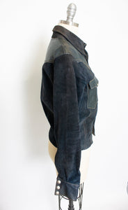 EAST WEST Leather Jacket Blue Suede 1970s XS