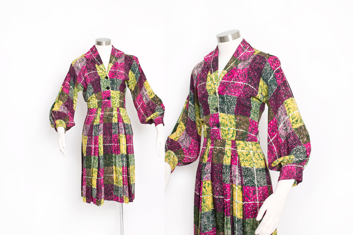Vintage 1940s Dress Printed Rayon Poet Sleeve 40s Small