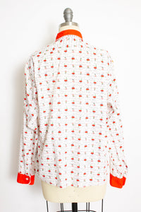 1950s Shirt Novelty Print French Cafe Button Up Blouse M
