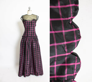 1940s Dress Black Pink Taffeta Illusion Gown 40s Small