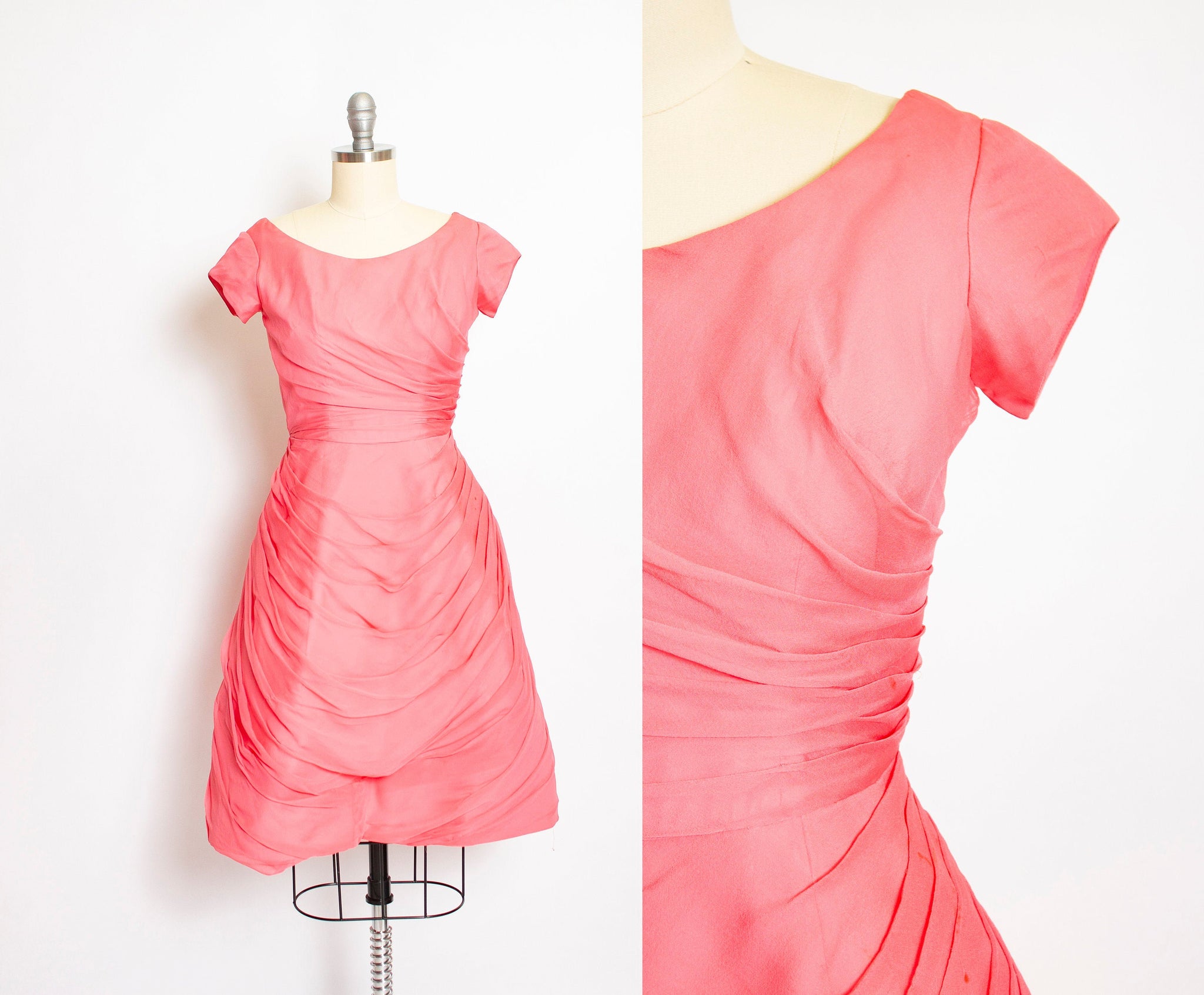 1960s Dress Pink Chiffon Ruched Full Skirt 50s XS Deja Vintage Boutique 1960s Dress Pink Chiffon Ruched Full Skirt 50s XS Deja Vintage Boutique