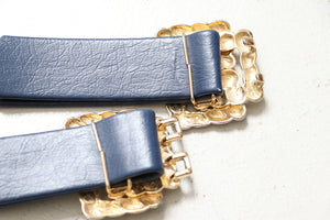 Vintage 1960s Belt Navy Leather Gold Buckle Cinch Waist 60s