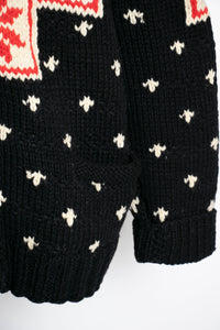 1960s Sweater Snowflake Cardigan Black Wool Knit Large