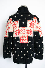 Load image into Gallery viewer, 1960s Sweater Snowflake Cardigan Black Wool Knit Large