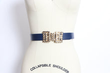 Load image into Gallery viewer, Vintage 1960s Belt Navy Leather Gold Buckle Cinch Waist 60s