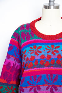 1990s Sweater Wool Bright Oversized Hand Knit Pull Over L /  M