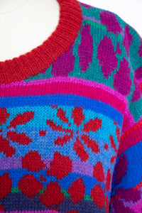 1990s Sweater Wool Bright Oversized Hand Knit Pull Over L /  M