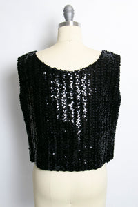1960s Sequin Top Black Fitted Sleeveless Blouse Large