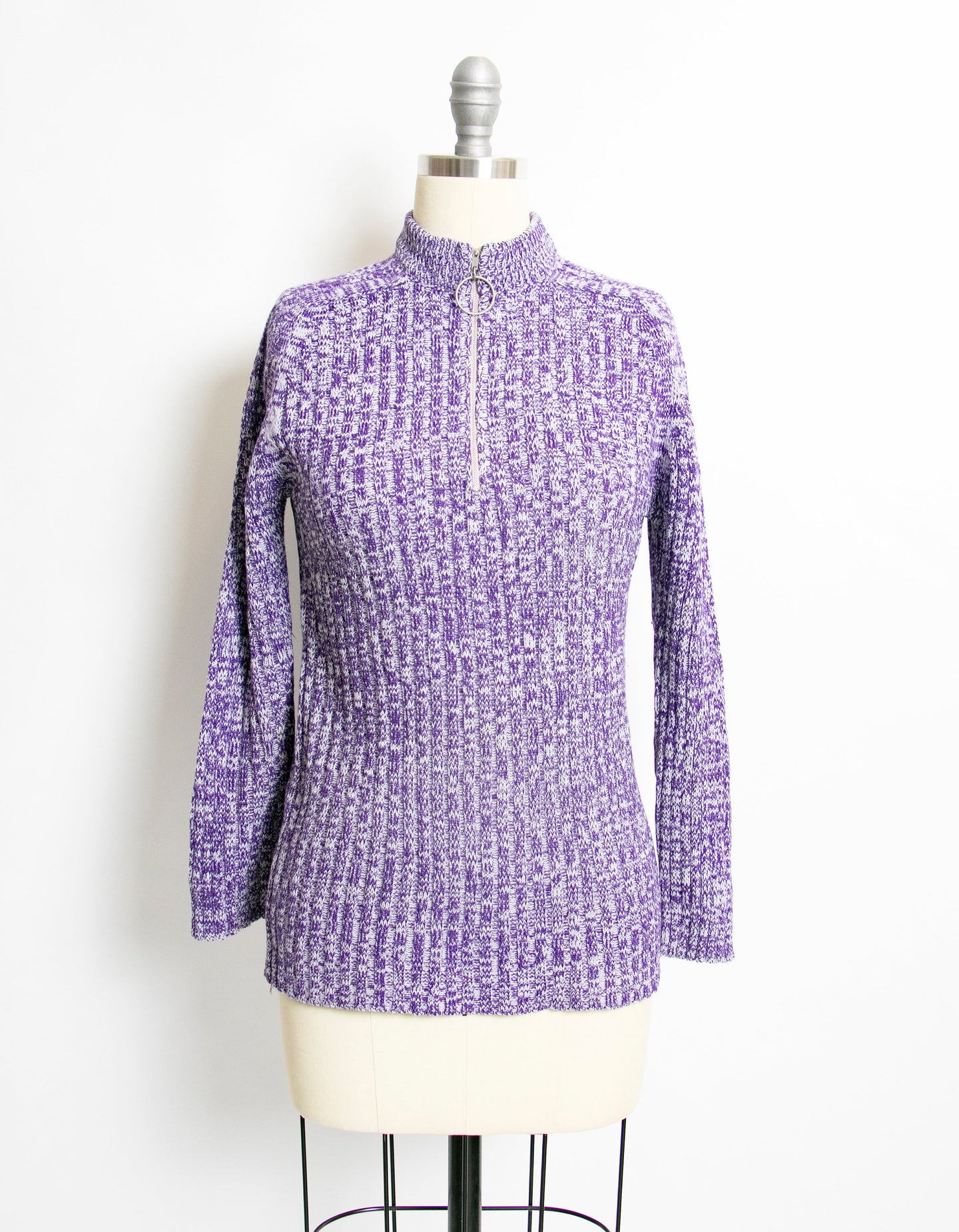 1970s Sweater Knit Purple Heathered Zip Up S