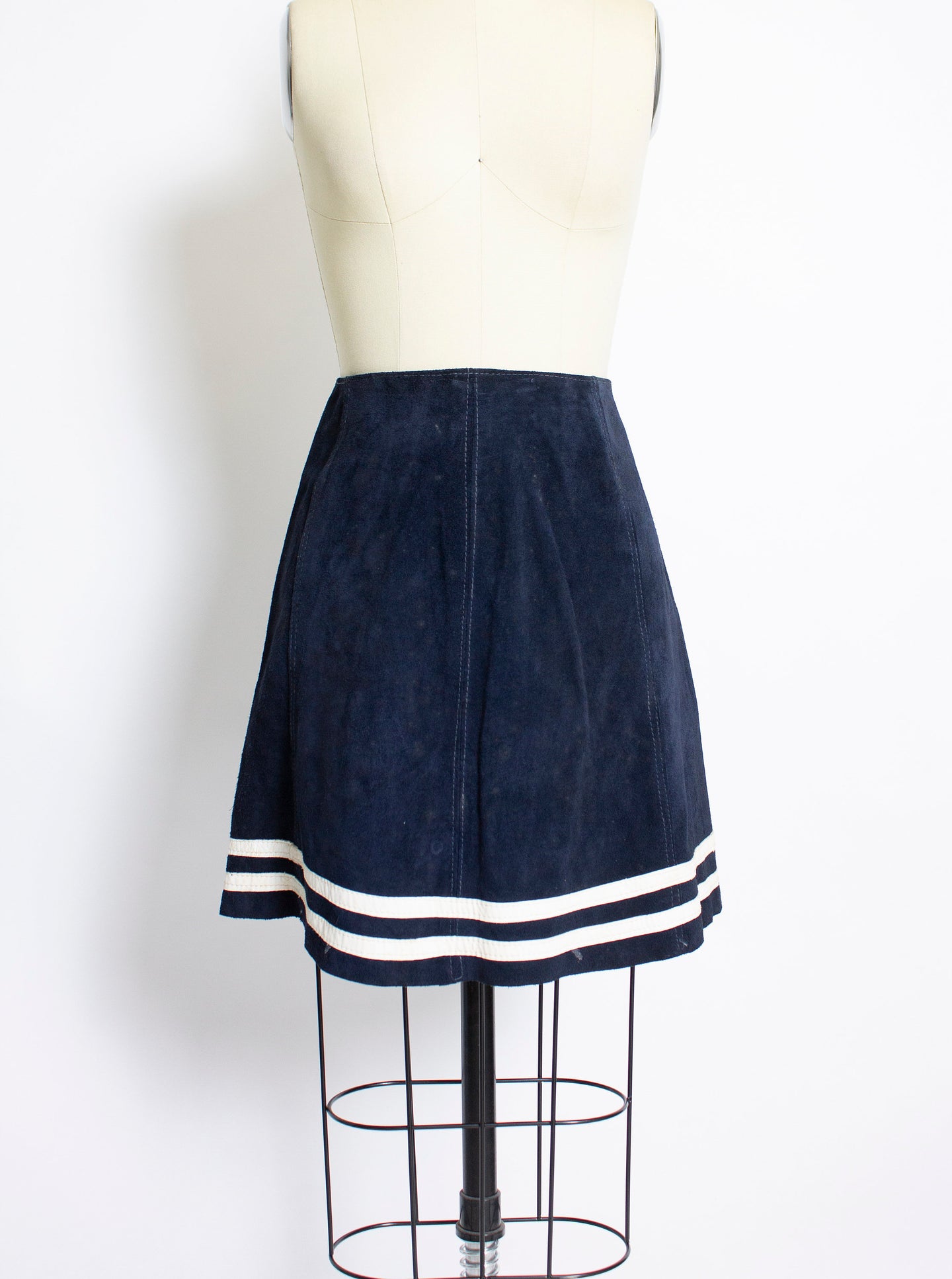 1960s Skirt Blue Suede Striped Leather Mod Mini 60s Small S