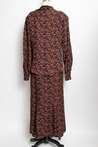 1990s Silk Ensemble Floral Blouse Skirt Set S